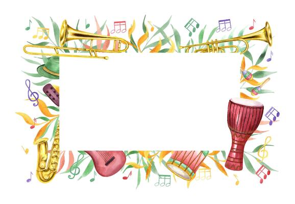 Watercolor carnival music percussion and wind instruments, musical notes among abstract colored foliage rectangle frame. Mardi Grass, Brazilian carnival illustration with copy space for text.