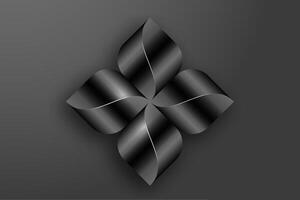 Metallic Abstract Flower Propeller, 3D geometric Rhomboid logo design isolated on black background. Technology silver floral cross icon in wave elements vector