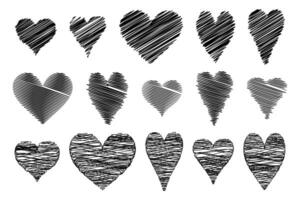hand drawn heart set collection scribble markers hearts isolated on white background. Black illustration logo icons for print, scrap booking, graphic design, web, stickers vector