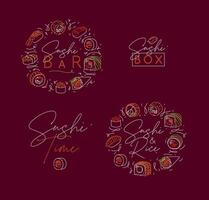 Sushi labels in neon line style drawing on burgundy color vector