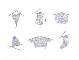 Knitting collection with needles, sweater, sock, hat, napkin, yarn, wool, cap drawing in line art style on white color background. vector
