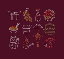 Sushi icon set in line neon style drawing on burgundy color background vector