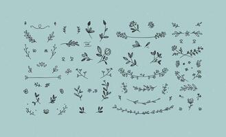 Elements flowers and branches to create label or sign in hand drawing style. Turquoise color background. vector