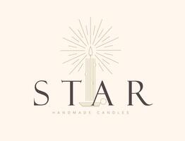 Handmade candles studio label design with lettering star drawing in linear art deco style on beige background vector