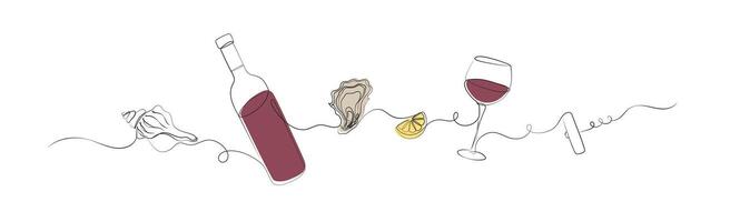 Seafood linear silhouette illustration with seashell, bottle of wine, oyster, lemon, glass, corkscrew drawing with color on white background vector