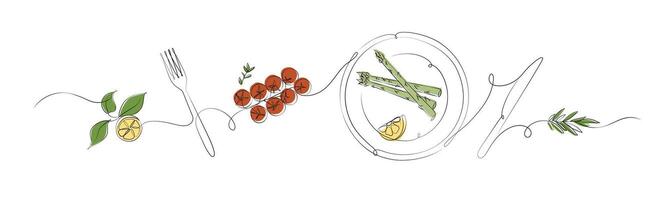 Vegetables linear silhouette illustration with lemon, fork, tomatoes, plate, asparagus, rosemary, knife drawing with color on white background vector