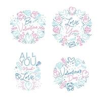 Set of valentines day flat monogram with greeting lettering drawing with color on white background. vector