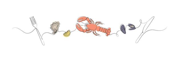 Seafood linear silhouette illustration with fork, oyster, lemon, mussel, knife drawing with color on white background vector