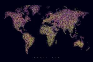 World map drawing with tangled violet and yellow lines on black background vector