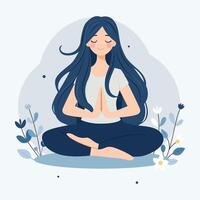 A woman meditates in nature and leaves. Conceptual illustration for yoga, meditation, relaxation, rest, healthy lifestyle. illustration in flat cartoon vector