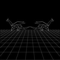 Dragon polygonal lines on the Synthwave vaporwave, perspective grids, wireframe landscape background, laser grid in deep space. BW and Editable vector