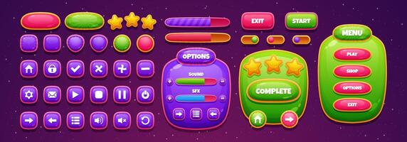 Colorful candy themed game interface featuring cartoon style menus, settings, and options. vector