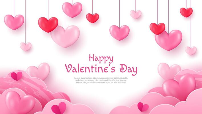 Happy Valentine's day paper cut card. Glittering hearts and clouds with place for text