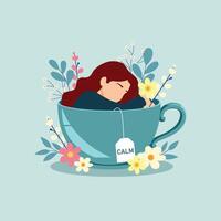 illustration in a flat style on the theme of relaxation tranquility girl sitting in a cup vector