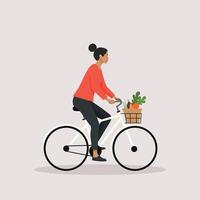 A woman riding a white bicycle. The bicycle has a basket in front filled with vegetables like carrots and greens, millennial lifestyle, daily routine vector