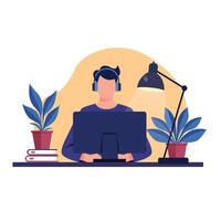 young man working on computer, working from home concept flat illustration vector