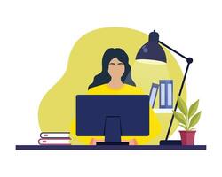 young woman working on computer, working from home concept flat illustration vector