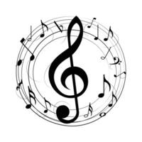 A circular design featuring a treble clef and flowing musical notes vector