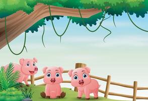 Cartoon piglets in the jungle background vector