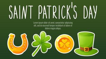 Web banner for St. Patrick's Day, March 17. Greeting card, invitation, poster, placard with shamrock, horseshoe, gold coin, leprechaun's top hat, with congratulation text on white background. vector