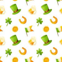 Seamless pattern for St. Patrick's Day, repeating background on white with the image of shamrock, clover, top hat, horseshoe, gold coin, beer glass, Irish flag. Attributes and symbols of the holiday. vector