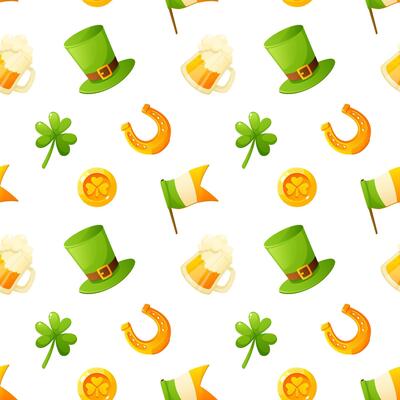 Seamless pattern for St. Patrick's Day, repeating background on white with the image of shamrock, clover, top hat, horseshoe, gold coin, beer glass, Irish flag. Attributes and symbols of the holiday.