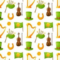 Seamless pattern for St. Patrick's Day, repeating background on white with the image of shamrock, violin, hat top hat, horseshoe, gold coin, harp, bagpipes. Attributes and symbols of the holiday. vector