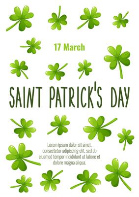 Poster for St. Patrick's Day, March 17. Greeting cards, invitations, banners, posters with the image of clover, shamrock, with the text of congratulations on a white background.