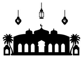 Silhouette of Islamic mosque with decorative lanterns hanging and palm trees, perfect for Ramadan-themed designs. vector