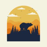 Wild bear standing of the cliff. Grizzly bear looking on valley with mountains poster. Concept of wildlife vector