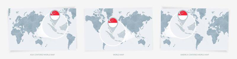 Three versions of the World Map with the enlarged map of Singapore with flag. vector