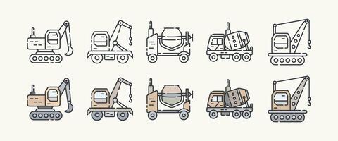 Heavy Construction and Industrial Machinery Icon Set with Outline and Color Variations vector