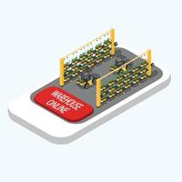 Smart hydroponics, vertical farm management system app. Smartphone with warehouse shelves and forklifts and warehouse online button. Isometric vector