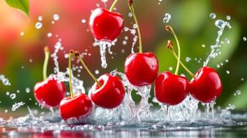A close-up image of red cherries splashing into water. video