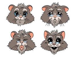 set of different emotions for hamster. Cute gray and white hamster face calm, smiling, sad, yawning. vector