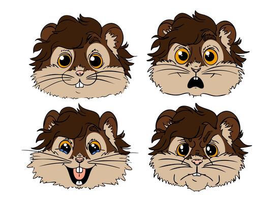 set of different emotions for hamster. Cute brown and beige hamster face calm, smiling, surprised, angry.