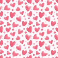 Pink watercolor hearts form a seamless repeating pattern. Artistic textured spots in the shape of doodle hearts, hand-drawn with a brush. A charming and endless chaotic background template. vector