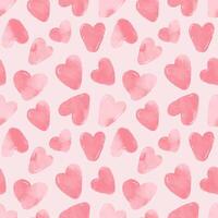 Seamless repeating template with pink watercolor hearts. Textured heart-shaped doodle spots in artistic watercolor style. Hand-drawn brush strokes create a cute and chaotic endless background. vector