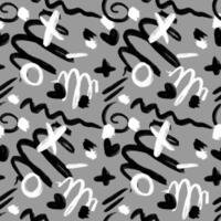 Doodle hearts, dots, zigzags, crosses and zeros. Ink illustration. Hand drawn seamless pattern of shapes. Dry brush and ink with jagged edges. Abstract background. vector