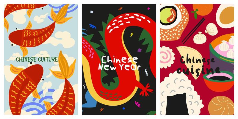 Chinese New Year poster design. Retro wallpaper design with koi fish carp, mythical dragon banner, Asian cuisine. Chinese culture poster collection for wall decor, background, prints