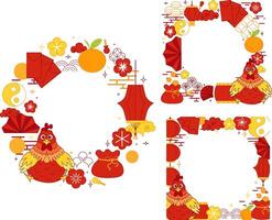 Chinese New Year icons, symbols and decorations circle round frame set. Line art lanterns, flowers, clouds and frames. illustration year of Rooster 2029 vector
