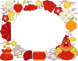 new year Chinese lantern festival 2029 Rooster graphic line art style with hanging red lanterns. oval frame. graphic template for your text vector