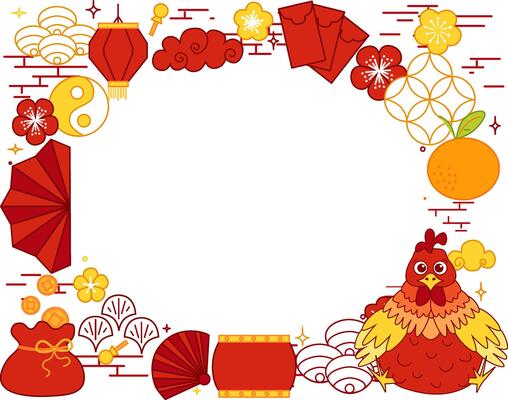 new year Chinese lantern festival 2029 Rooster graphic line art style with hanging red lanterns. oval frame. graphic template for your text