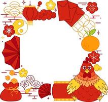 chinese new year traditional elements with rooster 2029 circle round frame in graphic line style. template for your text. lunar lantern festival vector