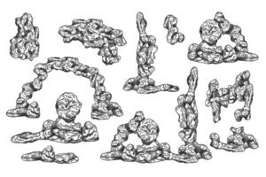 A large underwater rock mountain with seaweed and coral reef. Tropical underwater element of natural world, compositions, prints. Hand drawn textured sketch in black and white isolated background vector