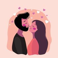 man and woman smiling and surrounded by pink hearts on a peach background. Valentines Day concept for greeting cards and design. vector