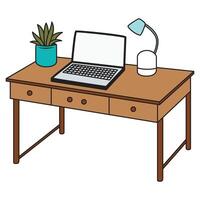 Hand Drawing of Office Table with Laptop and Modern Workspace Design vector
