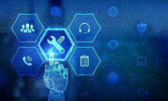 Technical support. Customer help. Tech support. Customer service, Business and technology concept. 24 hours servises. 24-7 support. Wireframe hand touching digital interface. vector