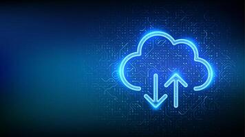 Cloud icon. Cloud computing service. Database storage, Data center. Transfer data. Secure Cloud Storage. Upload download app. Circuit board pattern. PCB printed circuit texture. vector
