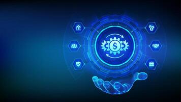 Asset management icon in wireframe hand. Business investment banking payment technology concept on virutal screen. vector